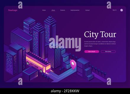 Banner del tour della città. Viaggio e visita turistica in autobus a due piani in città. Landing page vettoriale del turismo di gruppo e viaggio con illustrazione isometrica del bus di escursione sulla strada della città Illustrazione Vettoriale