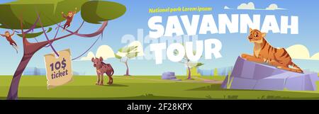 Savannah tour cartoni animati, invito nel parco nazionale con animali selvatici. Tiger, hyena e scimmia giungla abitanti in zoo o safari zona esterna, vettore web poster per la prenotazione dei biglietti Illustrazione Vettoriale