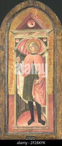 San Sebastian.il Sacro Sebastiaan, in piedi, in una nicchia di pietra. Una freccia nella mano destra, un ramo di palma nella mano sinistra. Insieme a SK-A-3398, apparteneva ad un altare maggiore o ensemble. Foto Stock