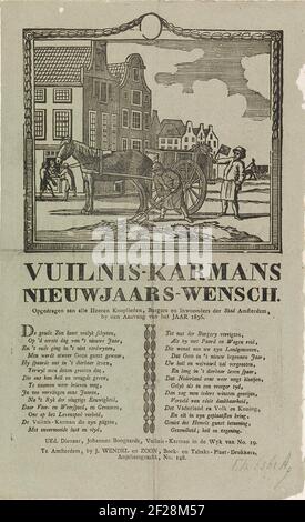 Nieuwjaarswens van de vuilnismannen van Amsterdam voor het jaar 1836; Vuilnis-karmans nieuwjaars-wensch.il desiderio di Capodanno della spazzatura di Amsterdam si raccoglie per l'anno 1836. Vista in una strada di Amsterdam dove un uomo crea la sporcizia dalla strada e un altro uomo corre con il cricchetto. Altri due uomini ottengono i soldi ad una casa. Con poema in due colonne. Del Garbage armor nel distretto NO di No. 19: Johannes Bongaards. Foto Stock