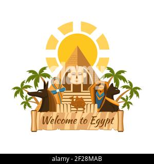Visita l'Egitto. Attrazioni turistiche egiziane. Sfinge e piramidi, palme e mummia Illustrazione Vettoriale