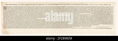 Foglio di testo sulla mappa della bocca del Tamigi con il viaggio a Chatham, 1667; immagine AF vera, da 't gene Uytvoert è da una parte di 't Landtors Wars-Fleet, sul Rivege van Chattam di Rochester, Den 19, 20, 21, 22 e 23 giugno; 1667.Tekstbt alla mappa di Monding dal Tamigi su cui il tour a Chatham è indicato dalle navi della flotta statale sotto Admiraal de Ruyter, 20-23 giugno 1667. Testo in 5 colonne. Foto Stock