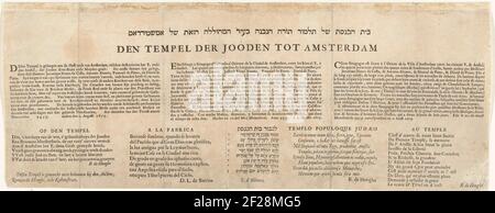 Foglio di testo sulla stampa dell'interno della Sinagoga portoghese di Amsterdam durante la dedica, 1675; il Tempio del Jewoden ad Amsterdam. Foglio di testo sulla stampa dell'interno della Sinagoga portoghese nuova ad Amsterdam durante la dedica, 2 agosto 1675. Foglio con testo in 3 colonne in olandese, portoghese e francese e 5 versetti in olandese, portoghese, ebraico, latino e francese. Foto Stock