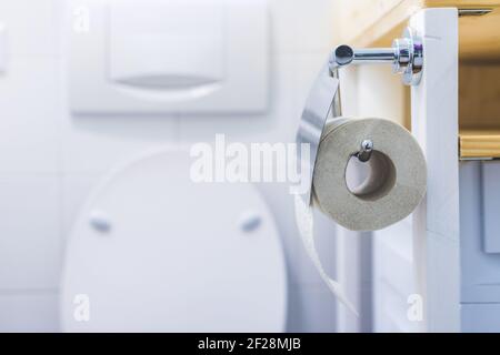 Concetto di carta igienica: Primo piano del rotolo di carta igienica su gancio cromato, bagno Foto Stock
