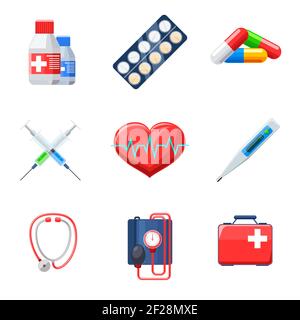 Set di icone mediche piatte. Pillola termometro tonometro terapia heartbeat capsula medicamento. Illustrazione vettoriale Illustrazione Vettoriale