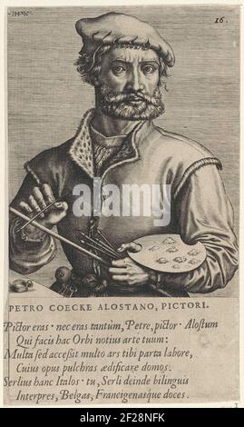 Portret van de Schillder Pieter Coeck van Aelst (1); Portetten van schilders; parecchi pittori preminenti Celebrium Germany Lower Effigies.in sua mano ha una tavolozza di pittura. Nel margine una didascalia di sei righe in latino. Foto Stock