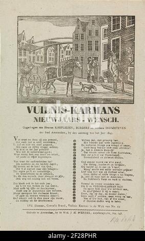 Nieuwjaarswens van de vuilnismannen van Amsterdam voor het jaar 1845; Vuilnis-karmans nieuwjaars-wensch.il desiderio di Capodanno della spazzatura di Amsterdam si raccoglie per l'anno 1845. Visita una strada ad Amsterdam, dove un uomo è emerso un bidone spazzatura nel carrello e un altro uomo corre con il ratchet. Un altro uomo raccoglie i soldi ad una casa. Con poema in due colonne. Del rimorchio della spazzatura nel NOWER. 10: Marchio Cornelis. Foto Stock