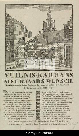 Nieuwjaarswens van de vuilnismannen van Amsterdam voor het jaar 1843; Vuilnis-karmans nieuwjaars-wensch.il desiderio di Capodanno dei raccoglitori di rifiuti di Amsterdam per l'anno 1843. Vista del Sint-Antoniesbreestraat e la porta per il Zuiderkerkhof vicino Zuiderkerk ad Amsterdam, dove un uomo è emerso un cestino spazzatura nel carrello e un altro uomo corre con il cricchetto. Un altro uomo raccoglie i soldi ad una casa. Con poema in due colonne. Del rimorchio della spazzatura nel distretto DI NO 19: Hendericus Bongaards. Foto Stock