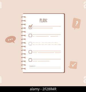 Pianifica sul tavolo. Pianificazione e organizzazione del lavoro. Illustrazione vettoriale in stile cartoon piano Illustrazione Vettoriale