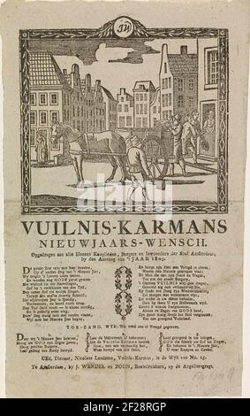 Nieuwjaarswens van de vuilnismannen van Amsterdam voor het jaar 1825; Vuilnis-karmans nieuwjaars-wensch.il desiderio di Capodanno dei raccoglitori di rifiuti di Amsterdam per l'anno 1825. Ammira la vista in una strada di Amsterdam, dove due uomini con un carrello si imbuca la sporcizia. Altri due uomini ottengono i soldi ad una casa. Con poema in due colonne e una canzone in tre versi. Del rimorchio della spazzatura nel NOWER: Nicolaas Landman. Foto Stock