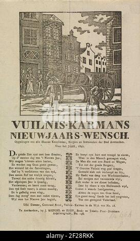 Nieuwjaarswens van de vuilnismannen van Amsterdam voor het jaar 1842; Vuilnis-karmans nieuwjaars-wensch.il desiderio di Capodanno della spazzatura di Amsterdam si raccoglie per l'anno 1842. Vista in una strada di Amsterdam dove un uomo crea la sporcizia dalla strada e un altro uomo corre con il cricchetto. Altri due uomini ottengono i soldi ad una casa. Con poema in due colonne. Del Garbage armor nel N° 18: Coenraad Ernst. Foto Stock