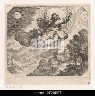 Dio crea il sole, la luna e le stelle; la creazione. Dio padre, visto sulla schiena, galleggia su una nuvola sopra un paesaggio. Crea il sole, la luna e le stelle. Foto Stock