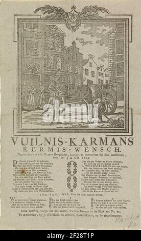 Kermisprent van de vuilnismannen van Amsterdam voor het jaar 1825; Vuilnis-karmans kermis-wensch.KermiSprent della raccolta dei rifiuti di Amsterdam per l'anno 1825. Si può vedere in una strada di Amsterdam dove un uomo con un carrello crea sporcizia dalla strada, un uomo con un cricchetto. Altri due uomini ottengono i soldi ad una casa. Con poema in due colonne e una canzone in tre versi. Del Garbage armor nel NOWAY 32: Joseph van den Bosch. Foto Stock