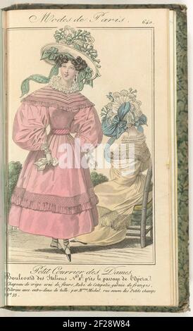 Petit Courrier des Dames, 25 mai 1829, No. 640 : Chapeau de crèpe....donna permanente vestita in una junior di 'cotepalie' guarnita con frange. Pelerine con tulle entre-deux, di Michel. Cappello crepe decorato con fiori. Figura seduta, vista sul retro, vestita nello stesso abito. Stampa dalla rivista di moda Petit Courier des Ladies (1821-1868). Rilegatura (con alcune pagine. Le Journal des Laden et des Modes). Dal 15 gennaio 1827 al 20 marzo 1830. Incompleto. Foto Stock