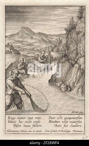 Heilige Familie aan het vissen; Leven van de maagd Maria. La famiglia Santa sta pescando in un fiume. Jozef si alza con una rete da pesca in acqua. Maria e il Cristo bambino sono seduti sulla riva. Nel margine una didascalia di sei righe, in due colonne, in latino. Foto Stock