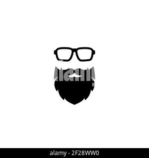 Silhouette della testa dell'uomo con baffi e barba in occhiali da hipster. Avatar nero brutale e selvaggio. Isolato su bianco. Immagine piatta vettoriale. Barbiere Illustrazione Vettoriale