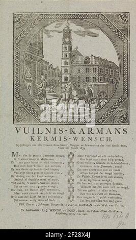 Kermisprent van de vuilnismannen van Amsterdam voor het jaar 1834; Vuilnis-karmans kermis-wensch.KermiSprent della raccolta dei rifiuti di Amsterdam per l'anno 1834. Spettacolo circolare all'interno del bordo ottagonale con un volto al Munt di Amsterdam, dove un uomo con un arpionismo è a bordo di un carro spazzatura. Un altro uomo raccoglie i soldi ad una casa. Con poema in due colonne. Del Garbage armor nel distretto NO di No. 19: Johannes Bongaards. Foto Stock