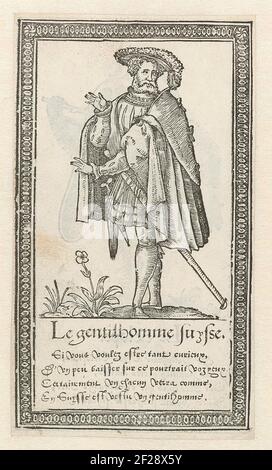 Le gentilhomme suisse; Recueil de la diversite des habits....Richard Breton, 1562 del 1564.recto: Uomo vestito secondo la nobile moda svizzera di circa 1560. Vista dalla parte anteriore, sinistra. Foto Stock