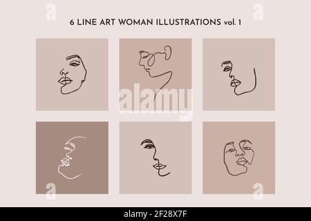 Disegno a una linea del volto di Set Woman. Linea continua Ritratto di una ragazza in stile minimalista moderno. Vettore Illustrazione Vettoriale