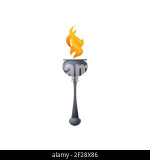 Torcia mascotte sport, fuoco bruciante su bastone di rame icona isolata. Vector brillante luccicante flare, flambeau cresset simbolo dello sport olimpico, libert liber Illustrazione Vettoriale