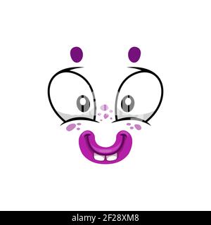 Icona vettoriale isolata del volto del cartone animato, emoji facciali del sorriso di una creatura stupida divertente. Felice emozione, comico o clown faccia con bocca sorridente toothy e rotondo Illustrazione Vettoriale
