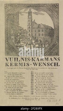 Kermisprent van de vuilnismannen van Amsterdam voor het jaar 1835; Vuilnis-karmans kermis-wensch.KermiSprent della raccolta dei rifiuti di Amsterdam per l'anno 1835. Mostra circolare all'interno del bordo ottagonale con un volto alla moneta di Amsterdam, dove un uomo con un arpionismo è a un cestino spazzatura. Un altro uomo raccoglie i soldi ad una casa. Con poema in due colonne. Del carro spazzatura nel distretto DI NO 19: Johannis Bongaards. Foto Stock