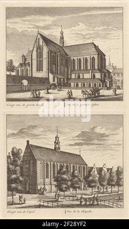 Due facce su Alkmaar con il Grote Kerk e la Chiesa Cappella; Satti dalla grande chiesa / denses del Capel; volti su Alkmaar; tutti i principali anni settanta della Stadt Alckmaar magra a ovest-Vriesland.sulla stampa superiore un pullman e alcune figure per la grande chiesa. Sulla stampa inferiore, alcune figure stanno camminando vicino alla Chiesa. Sotto le esibizioni i titoli in olandese e francese. Foto Stock