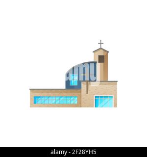 Icona del vettore della costruzione della chiesa cattolica. Cattedrale con cappella, moderna facciata del monastero. Design contemporaneo della chiesa, arcit religioso evangelico cristiano Illustrazione Vettoriale