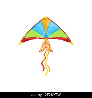 Aquilone a forma di uccello volante in cielo isolato giocattolo per bambini. Vectoryellow, aquilone verde blu con corde a forma di triangolo. Uttarayan festival sign.Summer Illustrazione Vettoriale