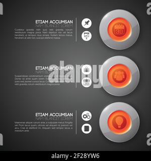 Concetto di progettazione infografica aziendale con pulsanti rotondi rossi in vetro di testo e icone su sfondo scuro illustrazione vettoriale Illustrazione Vettoriale