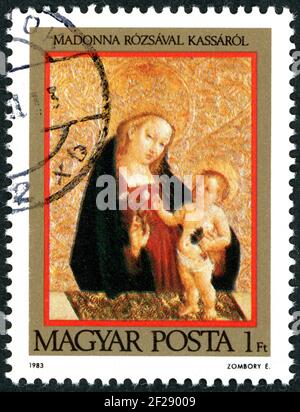 UNGHERIA - CIRCA 1983: Un francobollo stampato in Ungheria, mostra il dipinto di Madonna con Rosa da Kassa (Kosice), circa 1983 Foto Stock