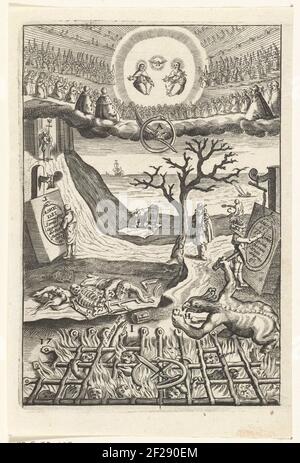 Embleem incontrò l'uomo die twijfelt su de keuze tussen leven in deugd di leven in zonde; Den wech des eeuwich levens.A uomo dubita della sua passeggiata in una spaccatura di due strade. Una via di vita in virtù conduce all'eternità e l'altra via di una vita nel peccato conduce all'inferno. Deve considerare se si rammarica della sua scelta dopo la sua morte, secondo il requisito di meditazione nell'edizione. Foto Stock