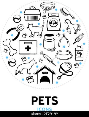 Animali domestici linea icone intorno concetto con cane gatto cavallo doghouse kit medico di piombo con siringa a pettine con collare di supporto, vaschetta di alimentazione ossea illustrazione vettoriale isolata Illustrazione Vettoriale