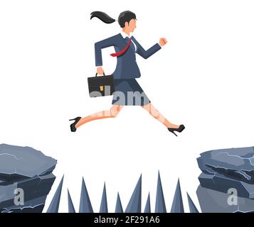 Businesswoman salta al traguardo attraverso l'abisso con spine. Donna d'affari in tuta con valigia salto tra gap. Ostacolo sulla strada, crisi finanziaria. La sfida della gestione del rischio. Illustrazione vettoriale piatta Illustrazione Vettoriale