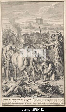 Giosuè verlamt de paarden en verbrandt de wagens der volken.The re dal nord sono sconfitti da Giosuè. Brucia i loro carri e fa i cavalli sguazzati tagliando i loro tendini. Illustrazione del testo della Bibbia Joz. 10: 9. Sotto la mostra il titolo in ebraico, inglese, tedesco, latino, francese e olandese. Foto Stock