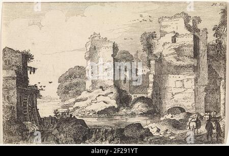 Landschap met ruïnes en een watermolen; Landschappen; Amenissimae aliquot requculae.Landscape con figure e pakezel su una strada in rovina. A sinistra un mulino ad acqua. Originariamente stampa di una serie di sessanta stampe in totale con paesaggi, sparse su cinque parti di ogni dodici stampe. Foto Stock