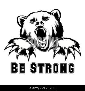Vettore arrabbiato testa orso. Arrabbiato grizzly, potente predatore, forza e fauna selvatica, artiglio e mammifero Illustrazione Vettoriale