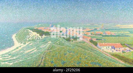 Vista di Zoutelande sull'isola di Walcheren. Vista del villaggio di Zoutelande sull'isola di Walcheren in Zeeland. Visto da una duna alta, guardato sul villaggio. A sinistra il mare, a destra le case del paese, una fattoria e un mulino. Foto Stock