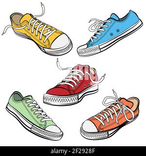 Set di scarpe sportive o icone di sneakers in diverse viste. Calzature e pizzo, abbigliamento e stile Street Illustrazione Vettoriale