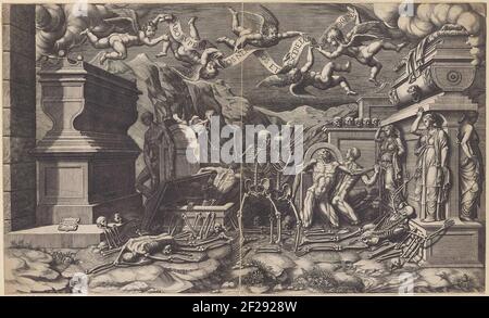 Visioen van Ezechiël sopra het dal van beenderen.The profeta Ezechiele ha una visione della valle piena di ossa aride ricoperte di carne e venire in vita. Diversi sarcofagi e lapidi sparsi dallo spettacolo. Sopra galleggianti cinque putti che insieme tengono un Badero con il testo: Dabo Super Vos Ner Vos et Succere Facia SUP Vos Carne. Foto Stock