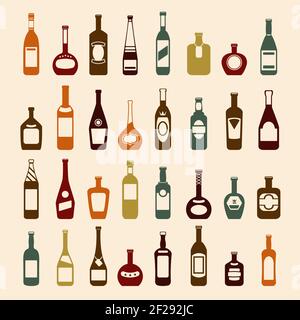 Set di icone di bottiglie di birra e bottiglie di vino. Vodka, champagne e whisky, martini liquidi, illustrazione vettoriale Illustrazione Vettoriale