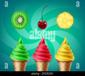 Set vettoriale di gelato morbido con gusto kiwi, ciliegia e ananas isolato su sfondo verde Illustrazione Vettoriale