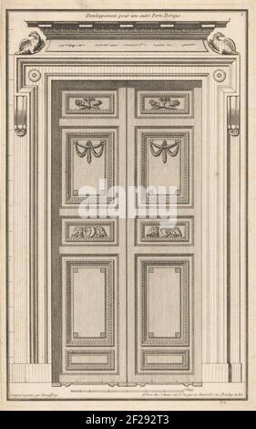 POORT INCONTRÒ ADELAARS; sviluppo per un'altra porta dorica; 96a realizzazione di Bayer e compartimento di varie porte di carpenteria di grandi dimensioni per uso sacro e pubblico; ottavo volume, collezione elementare di architettura (...). Una porta ornata con torce, frecce, Garlands, medaglioni e Caschi. AQUILE SINISTRA E DESTRA. Numero di stampa 572. Foto Stock