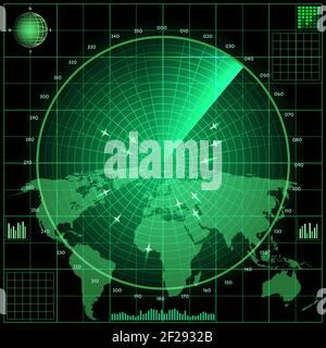 Schermo radar con piani. Sfondo mappa mondiale, tecnologia militare, sistema e attrezzature, illustrazione vettoriale Illustrazione Vettoriale