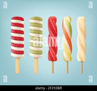 Serie vettoriale di gelato lollipop a strisce isolato su blu sfondo Illustrazione Vettoriale