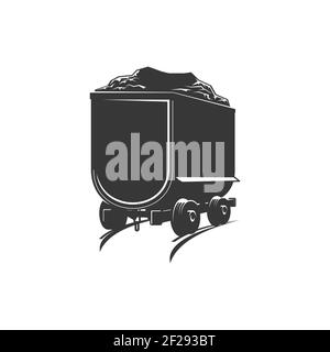 Barrow track su rotaie ferroviarie, macchine da cava trasporto icona monocromatica isolata. Vettore rocce trasporto cart, miniera carbone trolley su ferrovia. Illustrazione Vettoriale