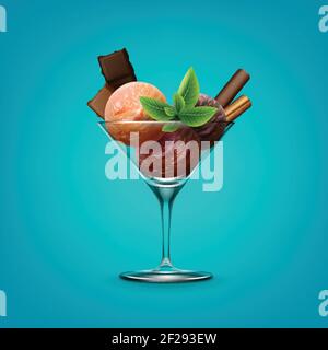 Illustrazione vettoriale di gelato misto di sundae in bicchiere da cocktail con cioccolato su sfondo bianco Illustrazione Vettoriale