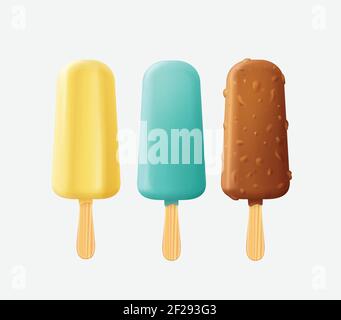 Set vettoriale di gelati colorati di papsicle dal sapore diverso isolato su sfondo chiaro Illustrazione Vettoriale