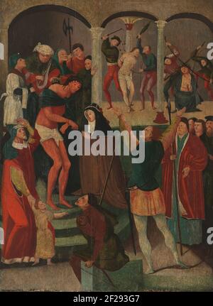 Ecce Homo.Ecce gay. La Santa Brigitta si inginocchia nel Cristo in piedi che viene mostrato al popolo da Pilato. Sullo sfondo il flogging e il corante di spina. Foto Stock