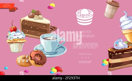 Cartoon prodotti dolci modello con cioccolato bar torte tazze di ciambelle di caffè cupcake gomme da masticare gelato nel cono di waffle illustrazione vettoriale Illustrazione Vettoriale
